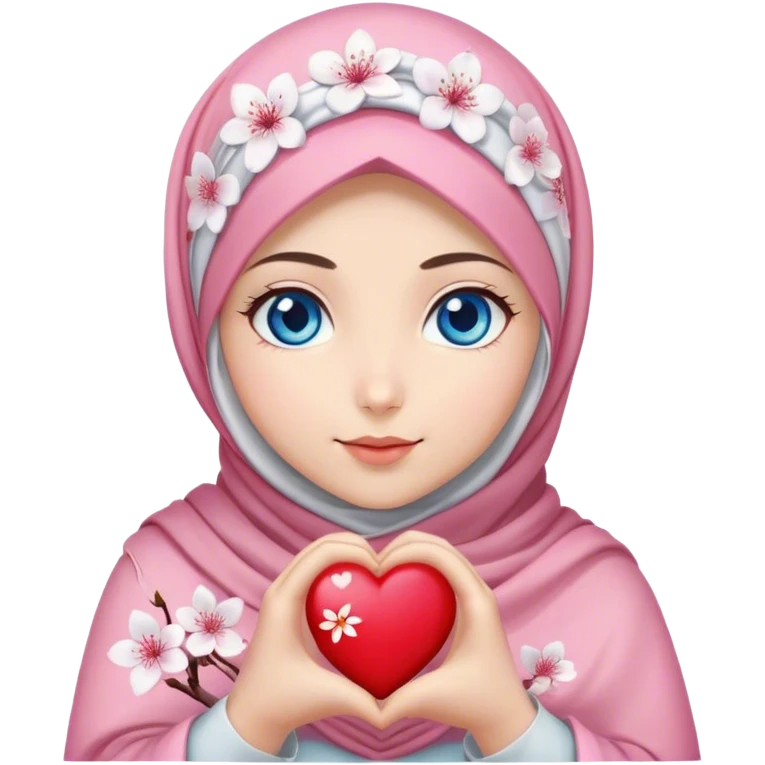 Turkish beautiful finish Konya girl blue eyes with cherry blossom flower design hijab and hold heart in her hand  emoji