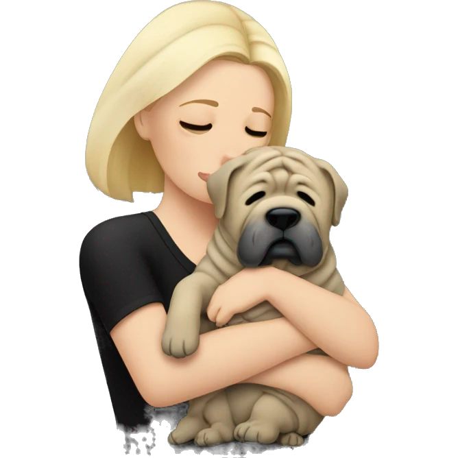 Blonde woman in black top crying and cuddling grey Shar Pei  emoji