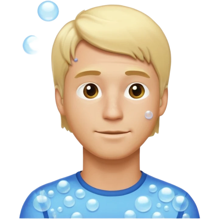 blonde man taking a shower, side view, covered with bubbles, friendly expression, modest, emoji style emoji