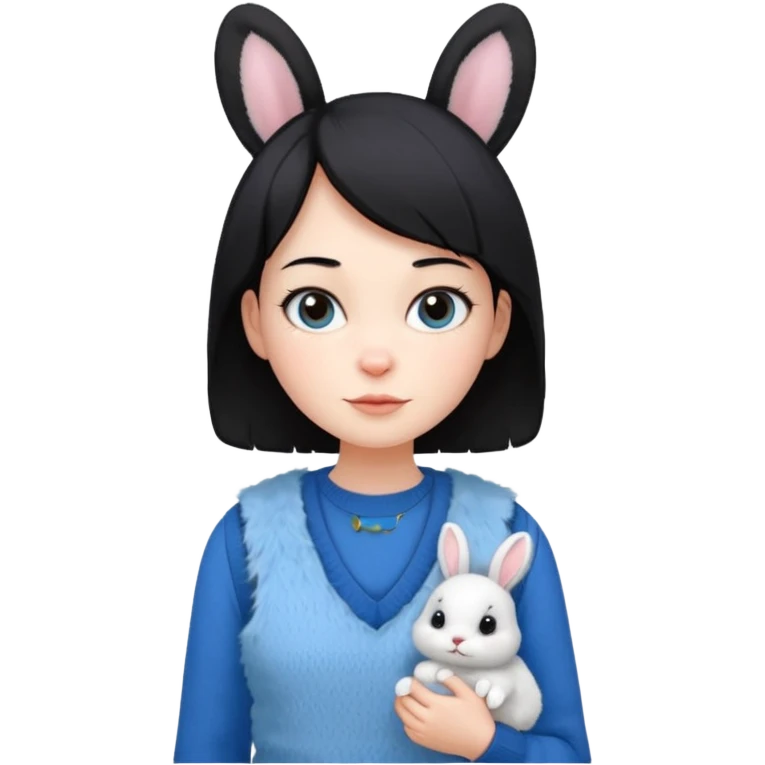 make a girl hair short black and wear bunny skin pale ok and wear Sweater vests blue and make little bit a younger emoji