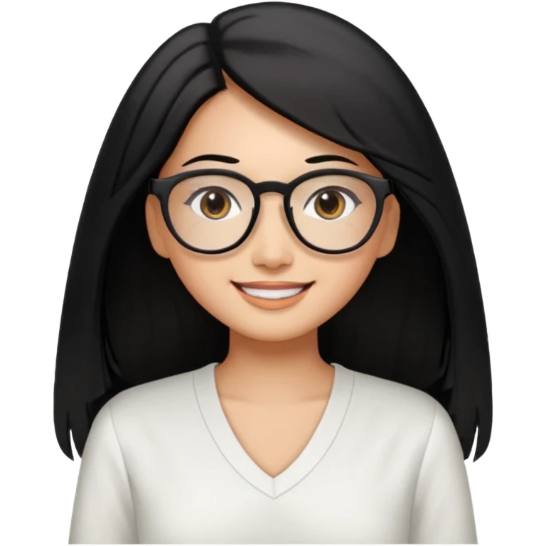 medium tan asian woman with long black hair past middle of back, round brown eyes, white v neck blouse. she has black thick frame rectangular glasses on and smilling emoji