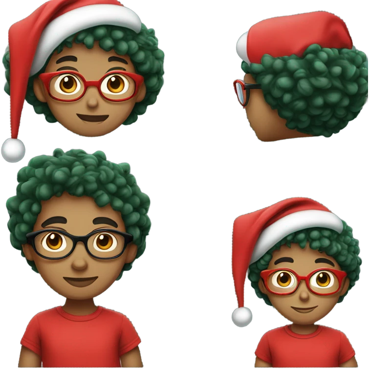 Unisex person ’light skin’ ’short curly dark green hair’ in a ’red Santa hat’ and black tshirt and round glasses  emoji