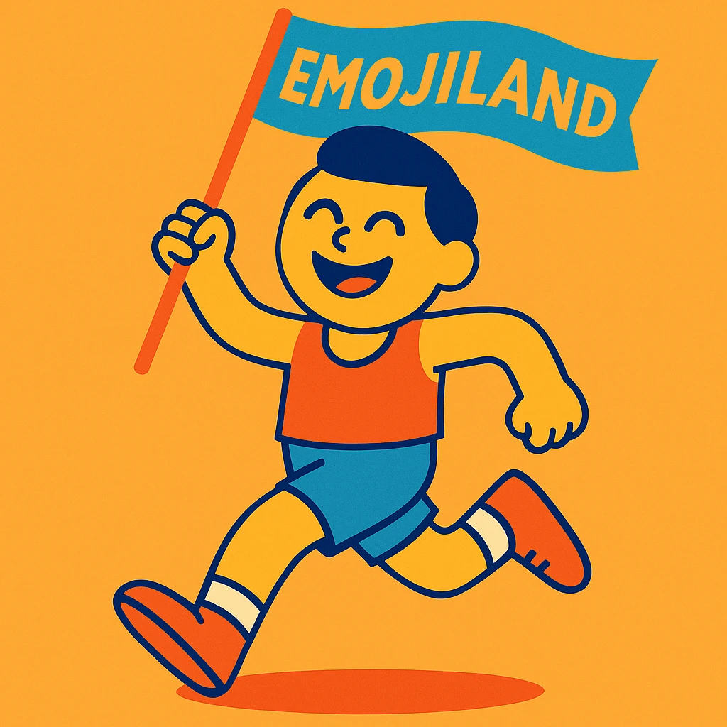 happy runner waving a flag that says 'emojiland' emoji