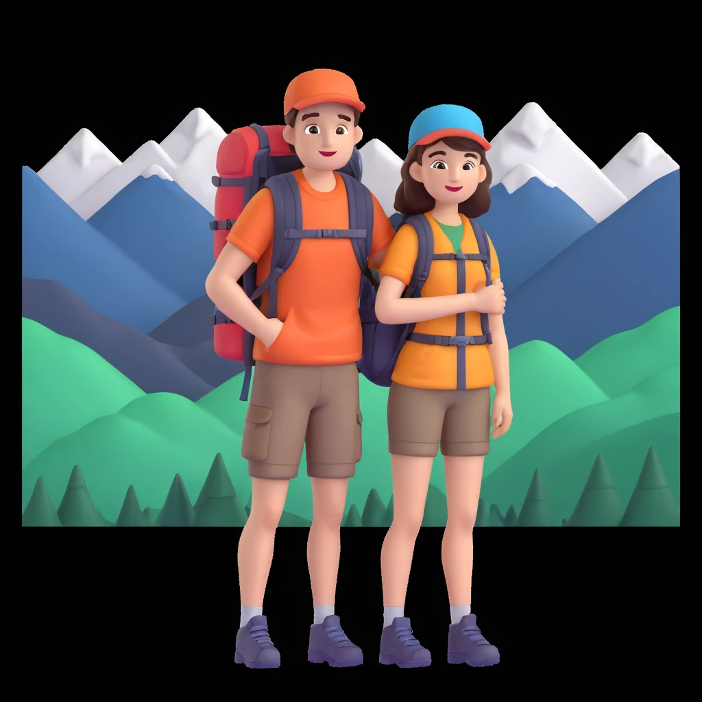 back packer couple posing, mountains in background,   close up pose emoji
