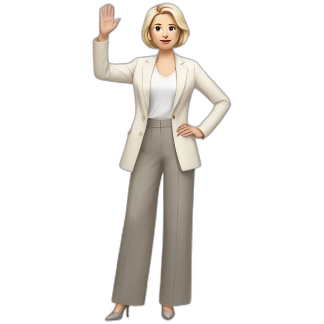Full height Actively gesturing with hands pale skin woman with ash blonde Straightened bob Hair, White Spacious classical jacket, beige palazzo Arrow pants and gray blouse emoji