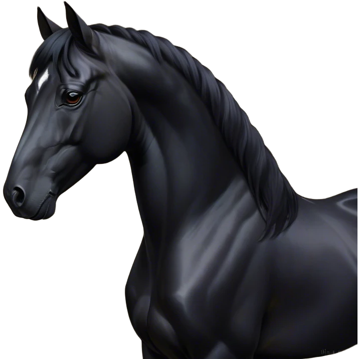Cinematic Noble Black Horse Portrait Emoji, Poised and regal, with a strong, athletic build and a sleek, well-groomed jet-black fur, deep-set soulful dark eyes, Simplified yet sharp and sophisticated features, highly detailed, glowing with a soft, dignified glow, high shine, intelligent and commanding, stylized with an air of mysterious grace, focused and attentive, soft glowing outline, capturing the essence of a watchful and confident steed, so majestic it feels as though it could gallop out of the screen with effortless authority! emoji