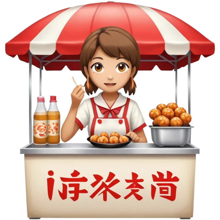 Japanese high school girl at cultural festival running food stall with takoyaki emoji
