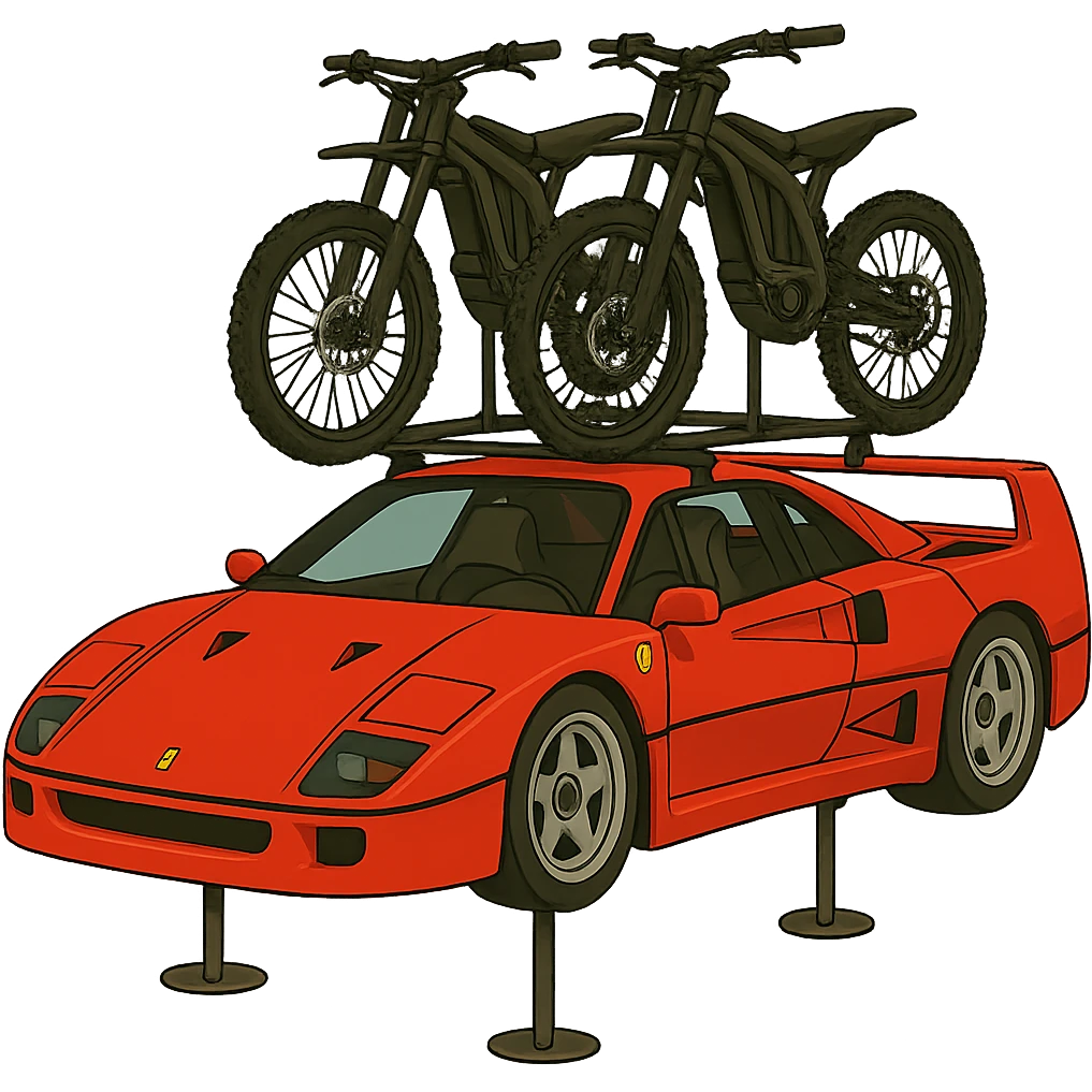 Replace the motorcycle with two Sur-Ron electric bikes mounted on a roof rack on the cartoonish Ferrari F40. Keep the background transparent. emoji