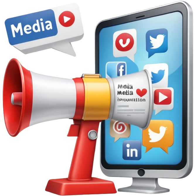An icon featuring a megaphone, a billboard, and social media icons, symbolizing advertising and public relations. The design includes a press release and a rising graph, representing brand promotion and communication strategies. Transparent background highlights media influence and outreach. emoji
