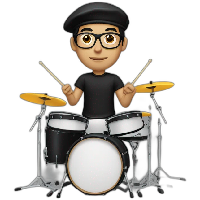 drummer, man, caucasian, black hair, wearing a black beret, glasses, and black t-shirt, play drum emoji
