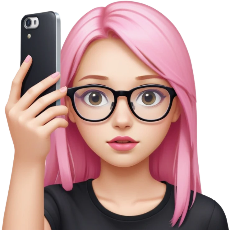 A teenage girl taking a selfie in a school bathroom. She has long, straight blonde and pink-dyed hair, wears rectangular glasses and a black shirt. Her expression is neutral with glossy lips emoji