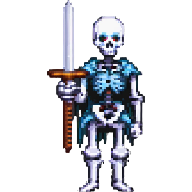pixel art skeleton holding a sword, simple and bold emoji