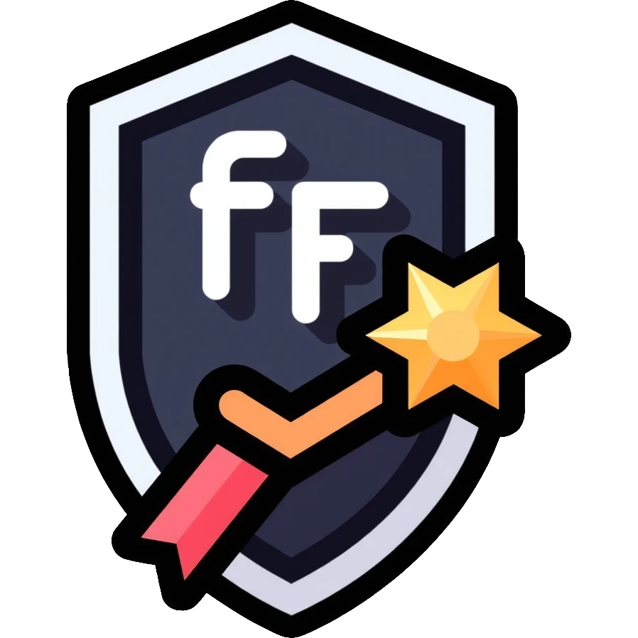 Gaming achievement badge with FF and a verification checkmark, gaming medal style, esports badge emoji