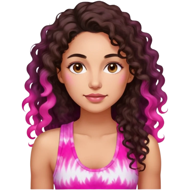 Woman in her 30s with luminous skin, long defined dark brown curls, large brown eyes, full lips with natural pink color, wearing bright pink tie-dye tank top, nurturing warm expression emoji