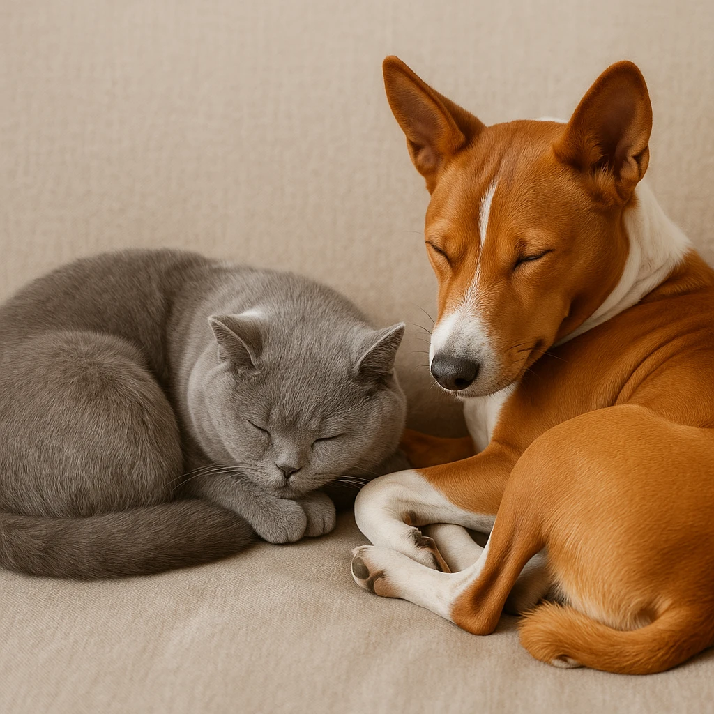 A gray British Shorthair cat curled up and sleeping next to a red Basenji dog emoji