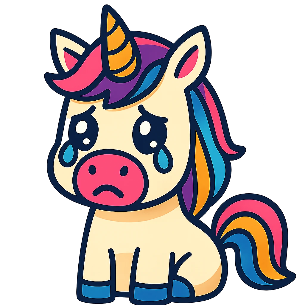 a unicorn with tears in its eyes, looking sad, vibrant cartoon style emoji