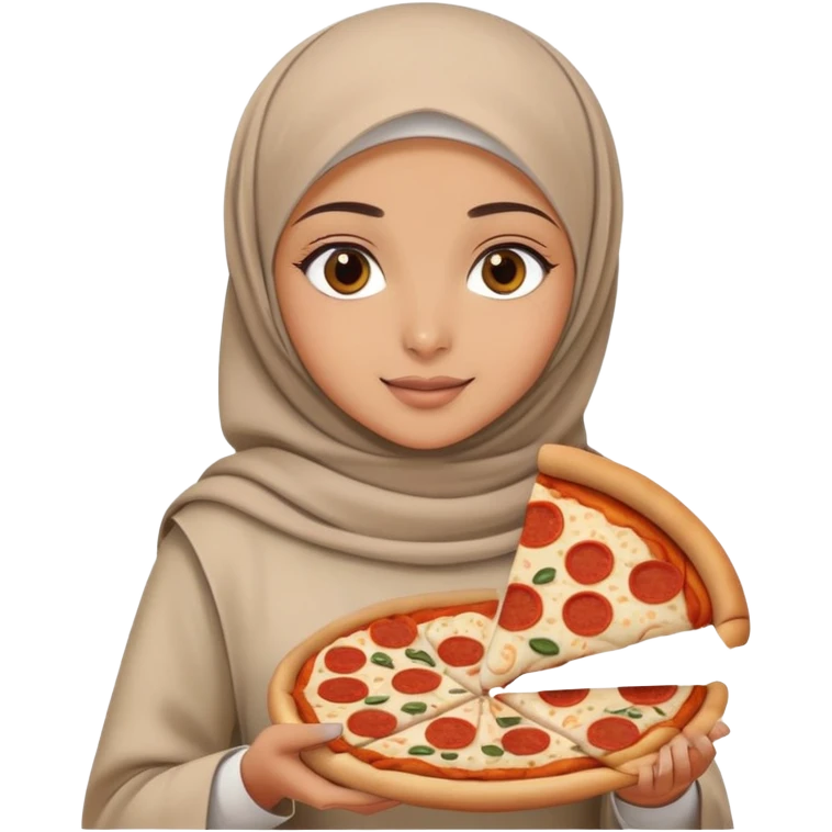 Turkish beautiful finish Konya girl eyes with beige hijab islamic dress and had on her hand pizza emoji