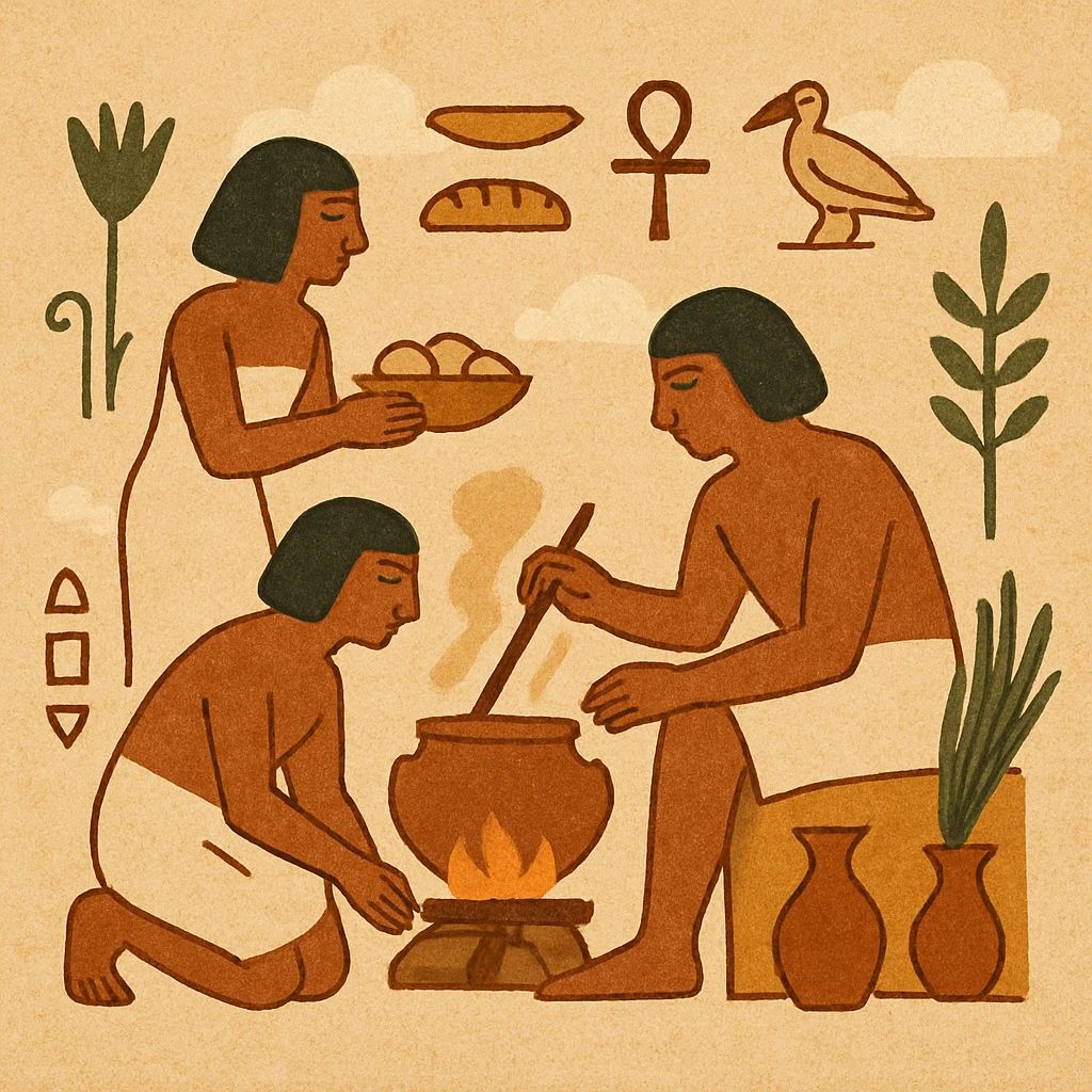 ancient Egyptian cooking scene in hieroglyphic style emoji