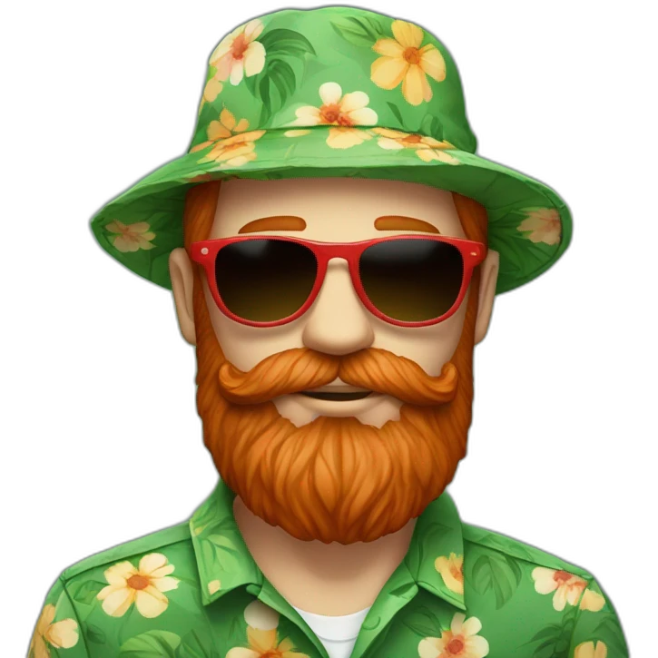Bright Red beard wearing a floral shirt and wearing green sunglasses and a bucket hat emoji