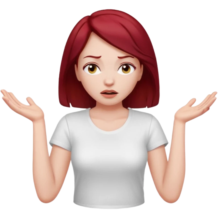 woman shrugging, eyes closed, white t-shirt, dark red hair emoji