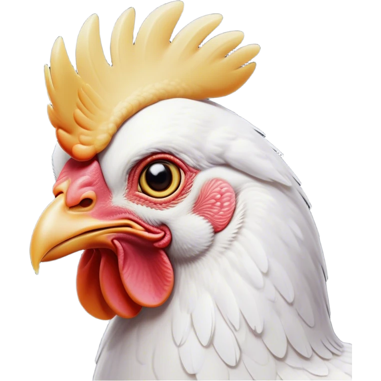 Cinematic Noble White Chicken Portrait Emoji, Poised and regal, with a compact, sturdy build and a pristine, well-groomed pure white plumage, deep-set soulful beady eyes, Simplified yet sharp and sophisticated features, highly detailed, glowing with a soft, dignified glow, high shine, intelligent and alert, stylized with an air of barnyard elegance, focused and attentive, soft glowing outline, capturing the essence of a watchful and confident fowl, so majestic it feels as though it could strut out of the screen with effortless authority! emoji