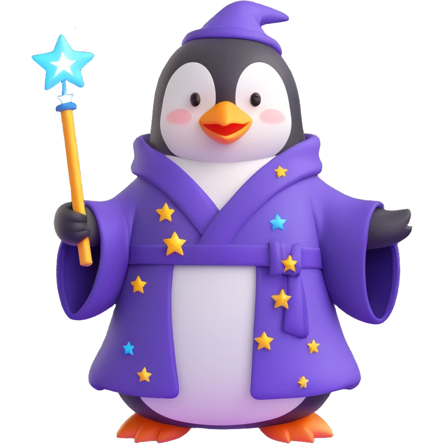penguin wizard with a starry robe and a glowing wand emoji