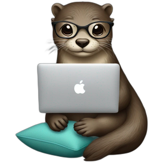 female otter with glasses use a macbook while seated against a pillow emoji