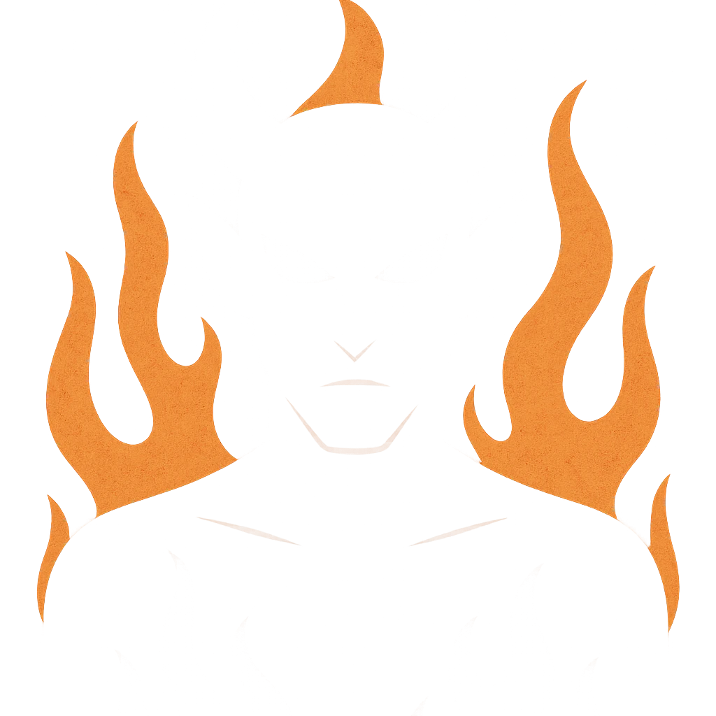 şeytani logo, alevli arka plan, keskin hatlar, kırmızı gözlü iblis silueti, minimal stil emoji