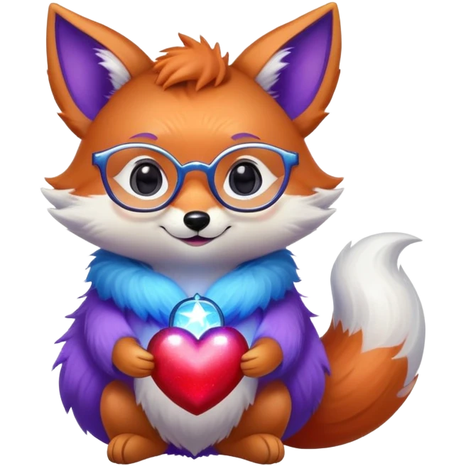 A small magical fox with shimmering purple and blue fur, a glowing fluffy tail, a silver star on its forehead, and round glasses, holding a tiny magical lantern, hugging a big red heart and smiling warmly. 🦊❤️ emoji