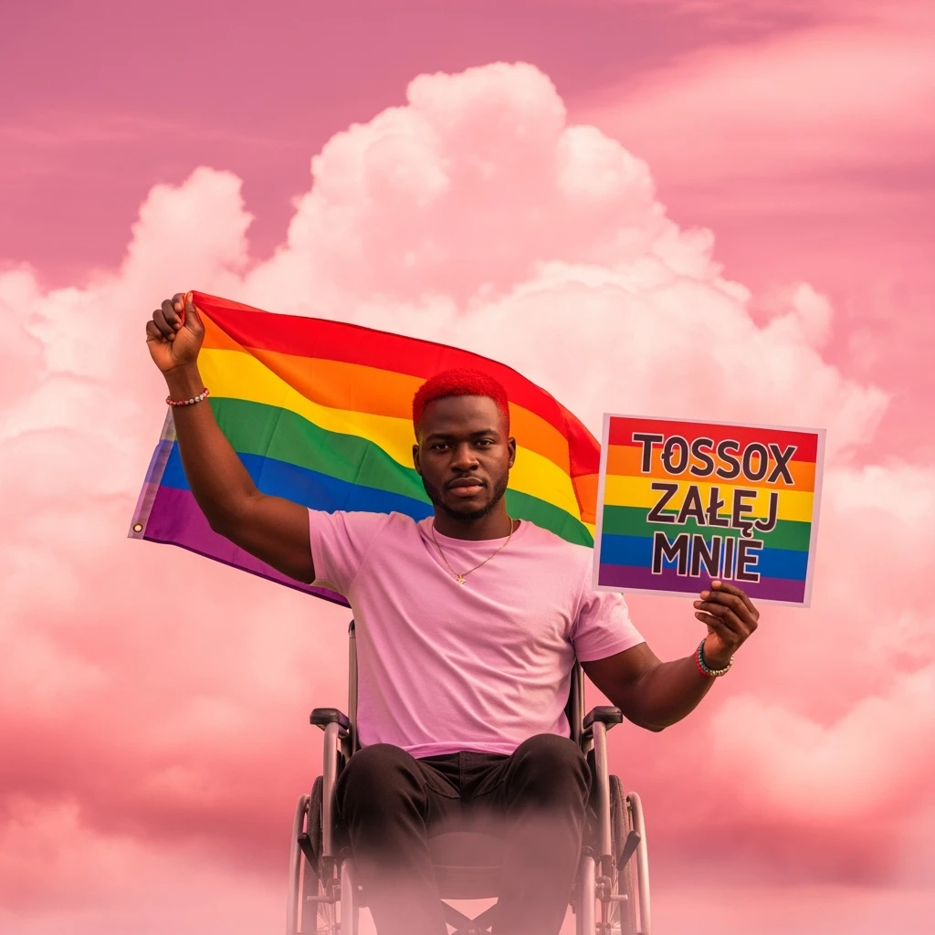 Black man with red hair sitting on wheelchair holding lgbt flag holding text "T0ssox zalej mnie" pink clouds around, pink sky with pink back light emoji