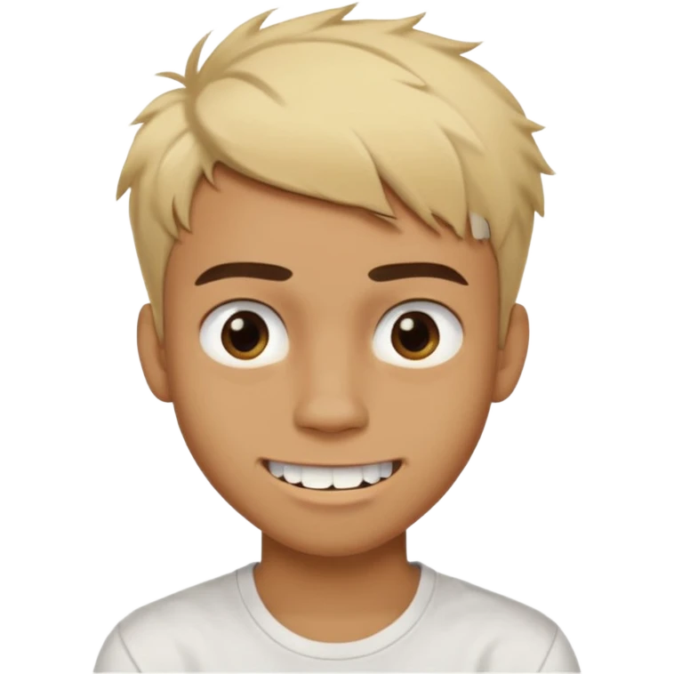 Short buzz, messy blonde hair. Dark brown bushy eyebrows large expressive golden-brown eyes, wearing a plain white t-shirt. Crooked grin showing imperfect teeth, one side raised higher than the other, grin with asymmetrical smile. Male Teenager. Brown skin color.  emoji