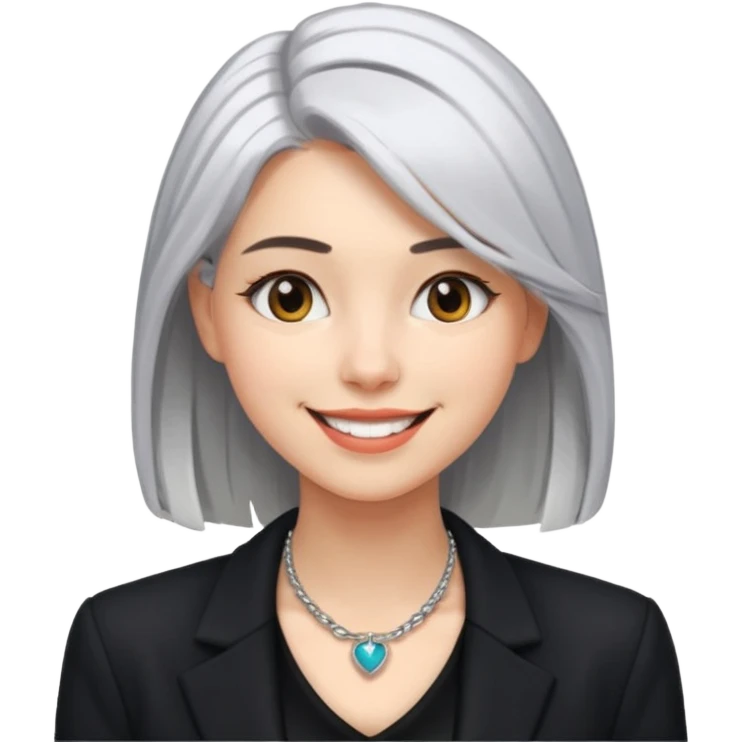 young fashionable woman, shoulder-length silver hair, wearing a blazer and statement necklace, playful smile emoji