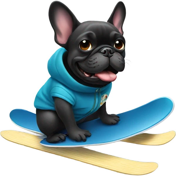 A dark french bulldog snowboarding emoji