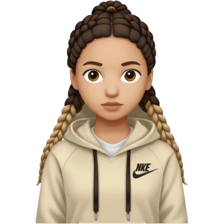 A girl wearing a Nike hoodie with a dark brown braid emoji