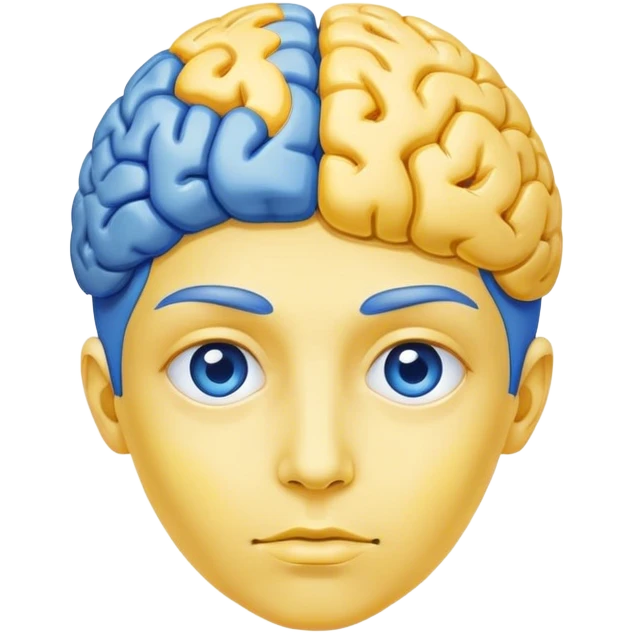 A real person face emoji, skin is emoji yellow, with blue brain instead of hair emoji