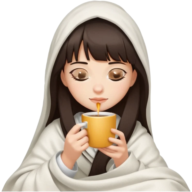 Dark brown hair with straight bang girl inside a white blanket sipping coffee eyes closed emoji