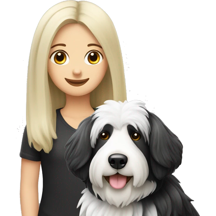 Old english black and white sheep dog with blonde girl emoji