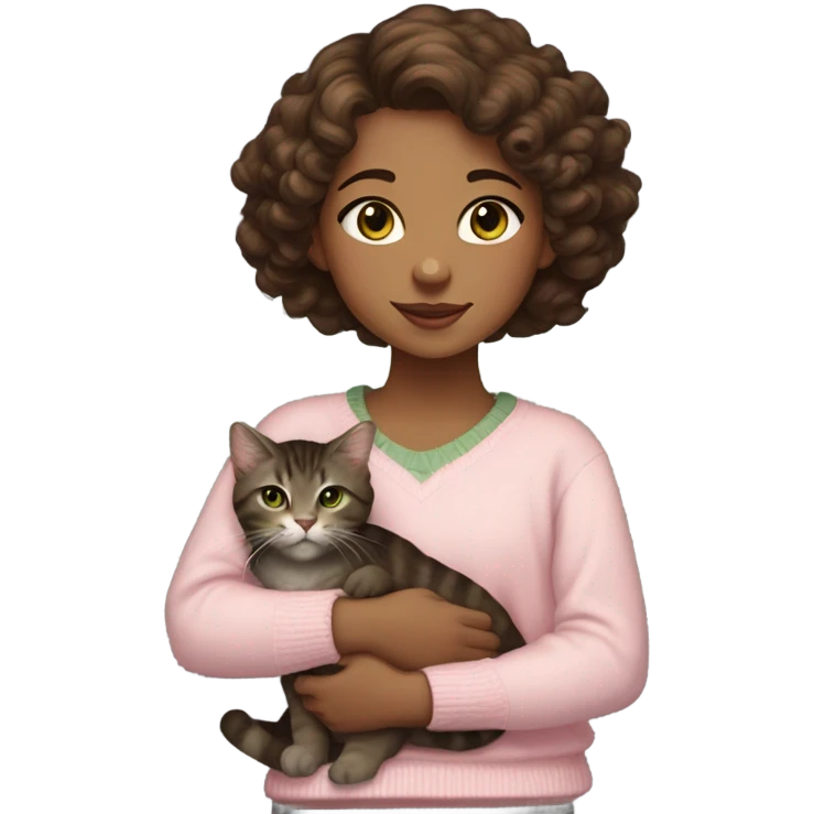 Dark Brown loose curly hair thats chest length light brown tan skin dark grey eyes young, holding only one dark brown tabby cat with white muzzle chest and paws and cat has yellowy green eyes. the girl wears a light pink sweater Simplified emoji