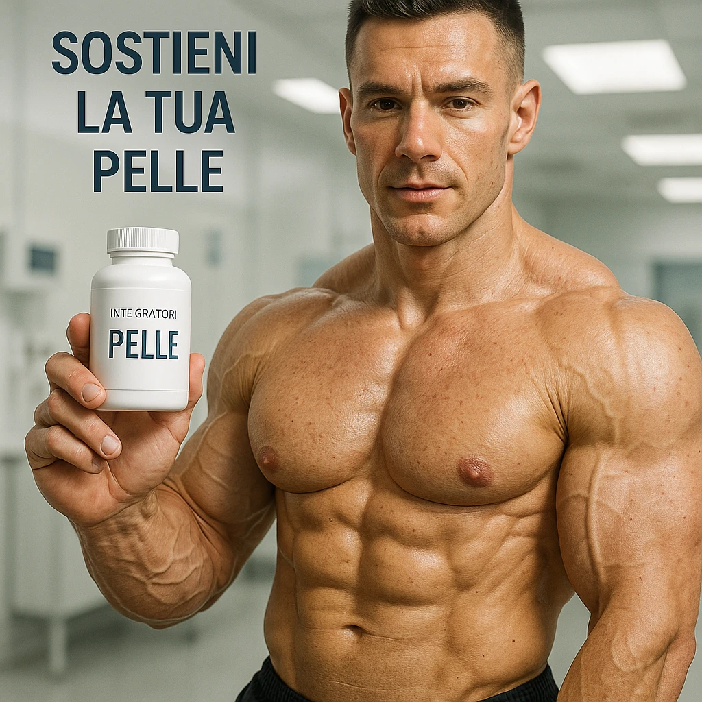 bodybuilder using natural supplements for skin, hyper realistic style, well visible muscles, bottle labeled 'Integratori Pelle', text 'Sostieni la tua pelle', clinical atmosphere, realistic details emoji