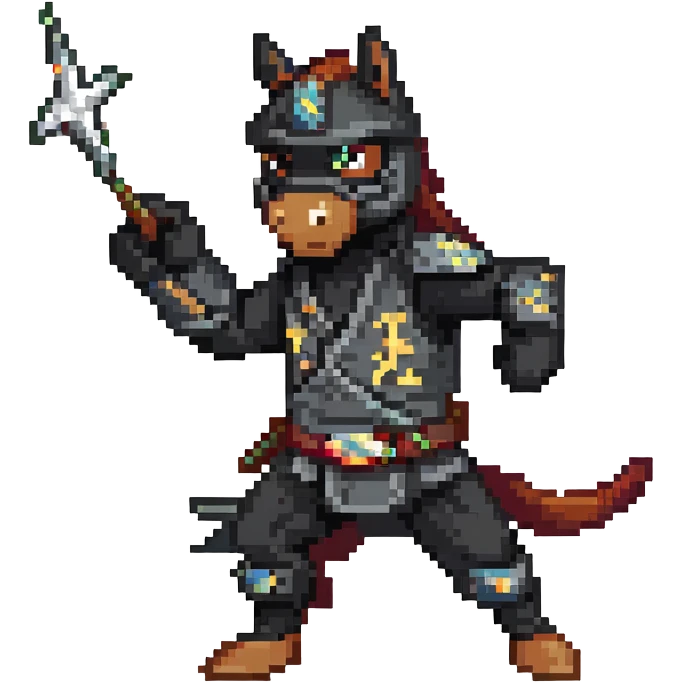 Ninja horse, black ninja outfit, throwing star, stealthy pose emoji