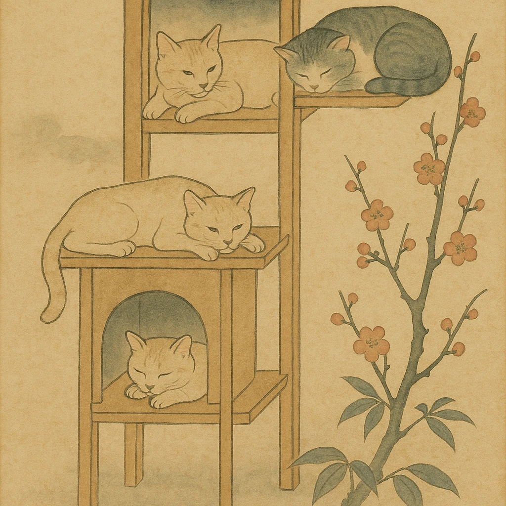 cats relaxing in a vertical playhouse emoji