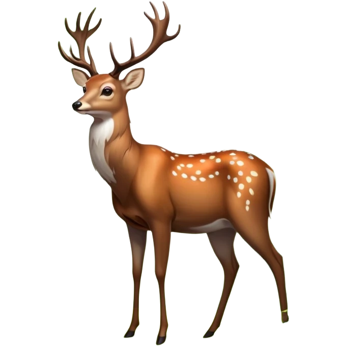 A majestic deer with large, branching antlers, standing in a serene forest clearing, surrounded by soft green foliage and dappled sunlight. The deer has a gentle expression, with a sleek, brown coat and white spots. The background is a blur of vibran emoji