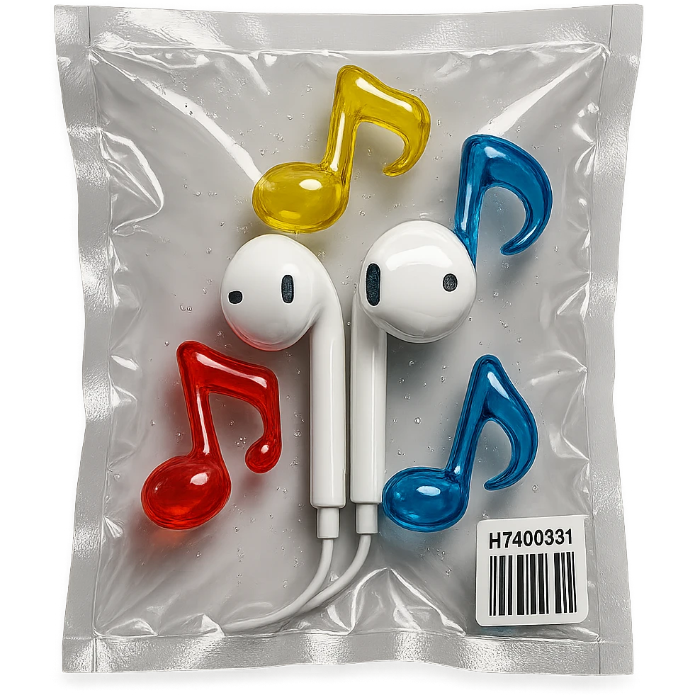 pair of white EarPods with three floating transparent glass music notes in primary colors, glossy and inflated, vacuum-sealed style emoji