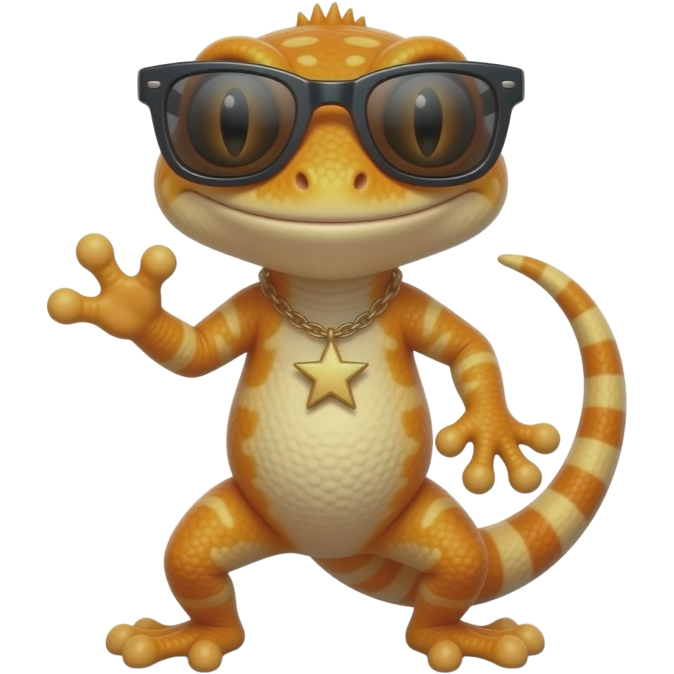 Quiero un diseño de gheco  rockero color naranja con gafas y muy rebelde è irreverente emoji