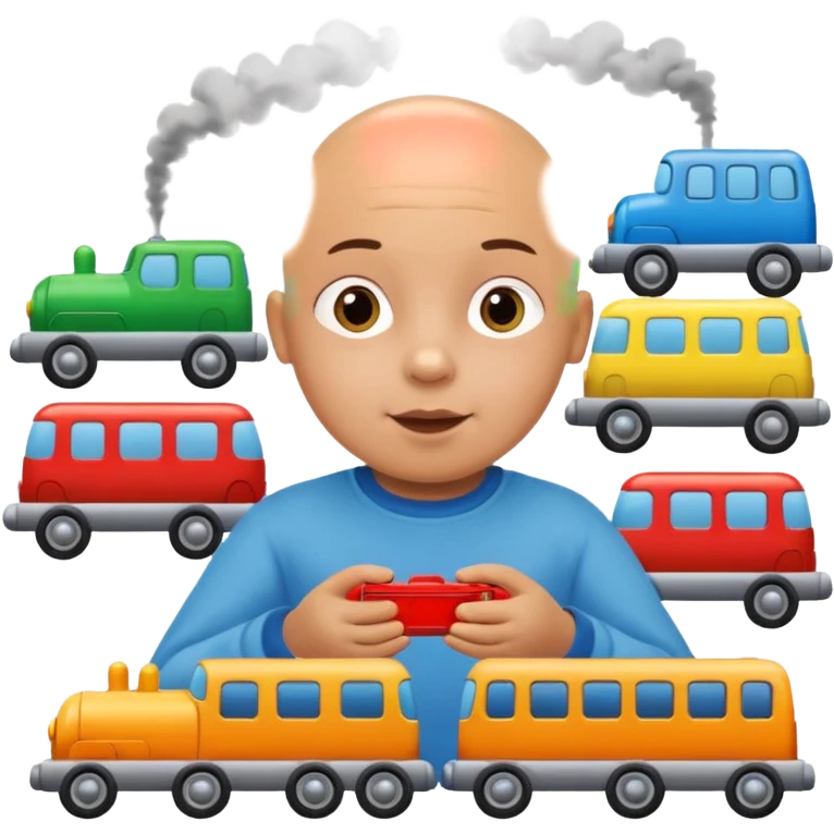 bald child playing with both toy cars and trains emoji
