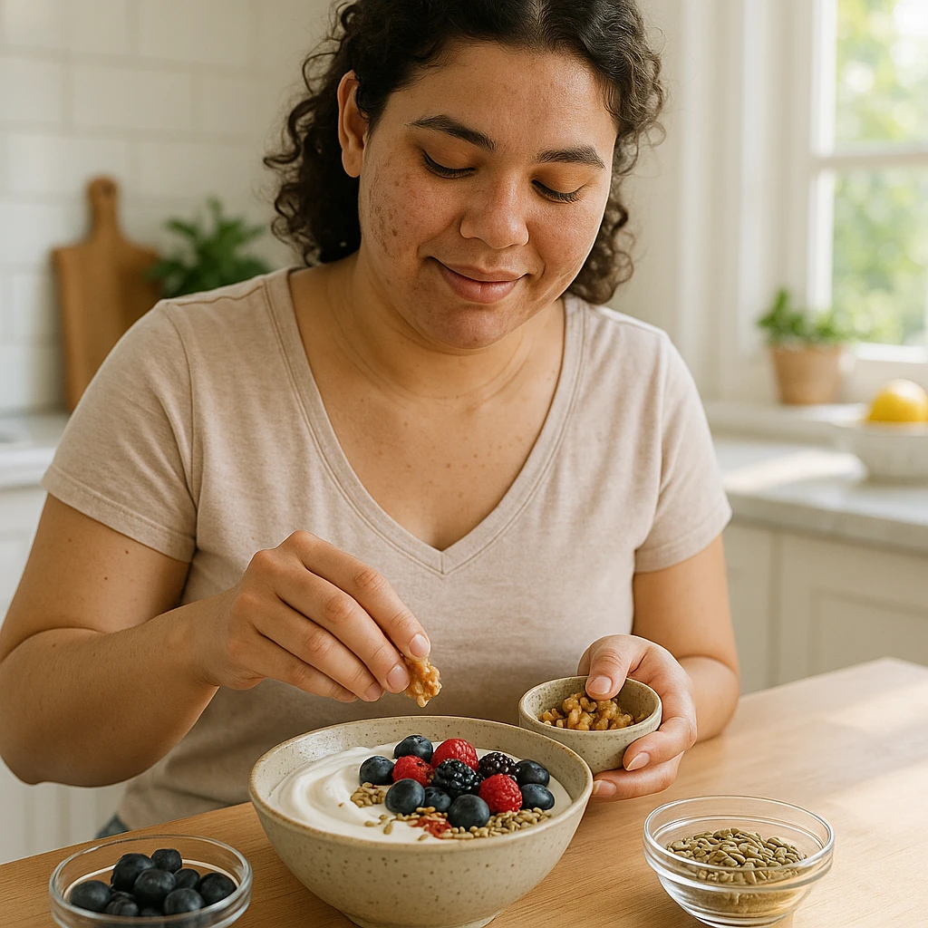 young woman with PCOS preparing a healthy breakfast: bowl of Greek yogurt, berries, nuts, and seeds, morning atmosphere, realistic details, bright kitchen background emoji
