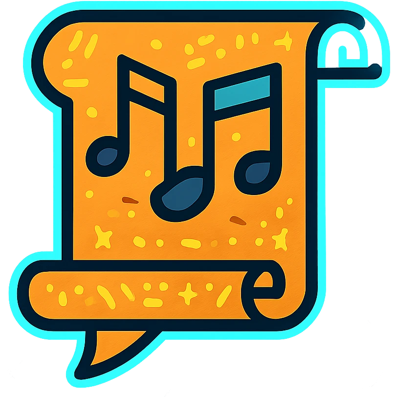 lyrics icon (scroll or speech bubble with musical notes), ancient-futuristic texture with bright glyphs, light blue neon glow border emoji
