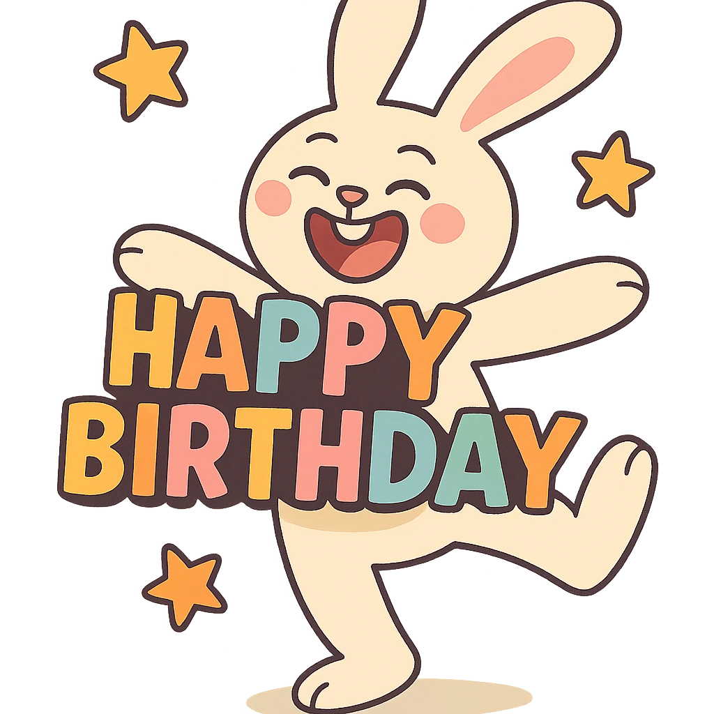 laughing bunny hugging 'Happy Birthday' letters with stars, full body, pastel-toon style emoji