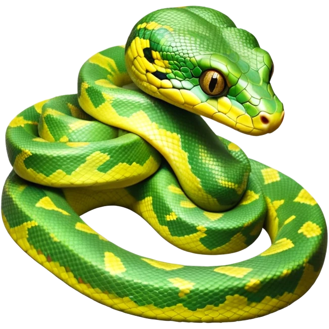 cinematic-green tree python-realistic-full-body-coiled-emoji,-thick-scaled-body-looped-tightly,-intricate-tellow and green-patterned-scales-reflecting-light,-head-tilted-dramatically,-slitted-eyes-staring-calmly,-simplified-yet-realistic-focused-feature emoji