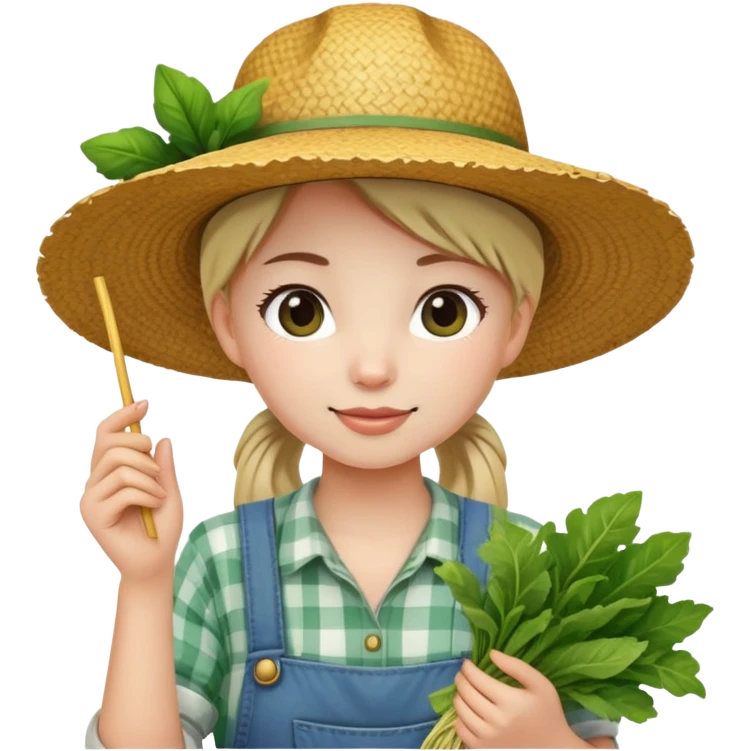 farmer girl, white skin , with a straw hat, ponytail, holding greens in hand emoji